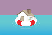 房子带着救生圈漂浮在海上