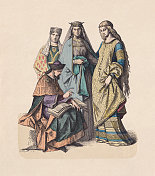 德国王子和贵族妇女，13世纪，手工彩色木刻，约1880年