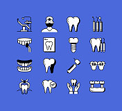 牙科相关图标向量集合。现代风格符号向量插图