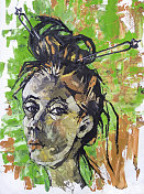 插图油画肖像的年轻女子与长黑发和发夹在她的发型上绿色的春天背景