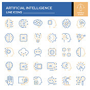 一组人工智能相关的线条图标。轮廓符号集合，可编辑的描边
