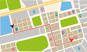 Gps导航路线与指针。摘要城市导航行车地图。平面风格矢量插图。GPS导航仪，从上面可以看到街道和道路。俯视图，通用位置，鸟瞰图。旅行矢量背景股票插图
