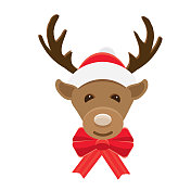 圣诞扁平设计图标可爱的驯鹿与圣诞老人的帽子和蝴蝶结