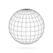 矢量线框球体。三维地球模型与子午线和平行线，或纬度和经度。