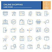 一套网上购物相关的线图标。轮廓符号集合，可编辑的描边