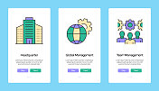 现代商业概念入职移动应用程序页面屏幕与平面图标。UI设计模板矢量插图