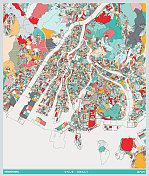 彩色艺术插画风格地图，广岛城市，日本