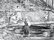 三个女人鼓励一个带着狗的女孩穿过一座小木桥