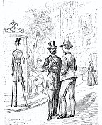 两个人在街上聊天，左边一个又瘦又长的男人正站在广告柱子前