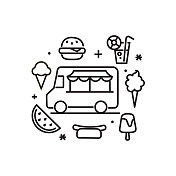 黑色夏季食品卡车节日元素细线图标设置可编辑的笔触