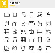 家具-细线矢量图标设置。像素完美。一套包含图标:家具,餐桌,扶手椅,床,沙发,镜子,书桌,办公椅,婴儿床。 家具-细线矢量图标设置。像素完美。一套包含图标:家具,餐桌,扶手椅,床,沙发,镜子,书桌,办公椅,婴儿床。