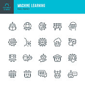 机器学习-细线向量图标集。像素完美。可编辑的中风。该集合包含图标:人工智能，机器人，计算机语言，大数据，数字轮廓，人工智能研究，神经网络。