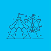 嘉年华游乐园和Fair的中途帐篷和摩天轮的细线图标设置可编辑的笔触