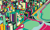 彩色插图风格的城市模型建筑，美国纽约中央公园