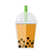 泡泡或珍珠橙木瓜茶风味全彩图标上的白色背景