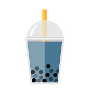 泡泡或珍珠茶蓝莓味全彩图标在白色背景