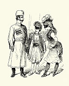 俄国士兵在和两个土耳其女人调情，十九世纪维多利亚时代的漫画