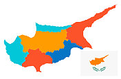 带有国旗的塞浦路斯地图。带区域的矢量图