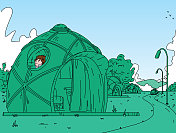 在一个坚实的圆顶中露营和豪华野营，享受晴朗的天空和宽敞的房间，一条蜿蜒的道路通往豪华野营场地的其他圆顶。插图与简单，平坦大胆的蓝绿色。