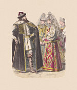 17 /18世纪，俄罗斯服饰，手工着色木刻，大约出版于1880年