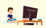 插图的男孩玩游戏控制台连接到电视。矢量插图的一个游戏上瘾的男孩。专注于游戏，享受乐趣。沉迷于科技的孩子形象。