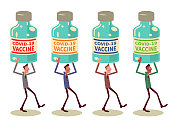 多民族商人(科学家)携带不同类型的COVID-19疫苗(瓶、剂、瓶)