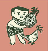 拿着菠萝和鸡肉的男人