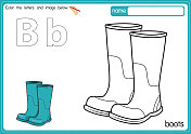 矢量插图的儿童字母着色书页与概述剪贴画，以颜色。字母B代表Boots。