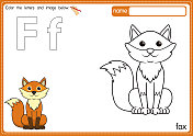 矢量插图的儿童字母着色书页与概述剪贴画，以颜色。字母F代表狐狸。