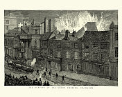 消防队员正在扑灭伊斯灵顿大剧院大火，维多利亚时代，1888年