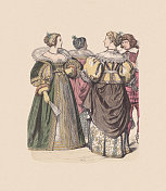 17世纪，法国服饰，贵族，手工着色木刻，大约1880年出版