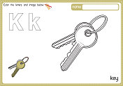 矢量插图的儿童字母着色书页与概述剪贴画，以颜色。字母K代表钥匙。