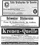 1897年的一本德国杂志上刊登了三则广告:邮票，刺绣，矿泉水