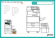 矢量插图的儿童字母着色书页与概述剪贴画，以颜色。字母P代表打印机。