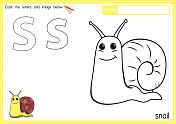 矢量插图的儿童字母着色书页与概述剪贴画，以颜色。字母S代表蜗牛。