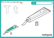 矢量插图的儿童字母着色书页与概述剪贴画，以颜色。字母T代表牙膏。