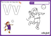 矢量插图的儿童字母着色书页与概述剪贴画，以颜色。字母V代表排球。