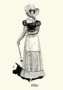 穿着横条纹连衣裙的女人，Bonnet, 19世纪20年代的时尚，法国