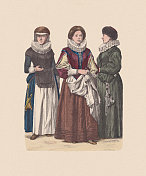 17世纪，德国服饰，手工着色木刻，大约出版于1880年