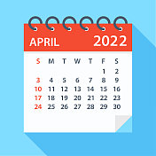 2022年4月-日历。一周从周日开始