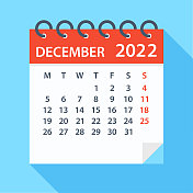 2022年12月-日历。星期一开始上课