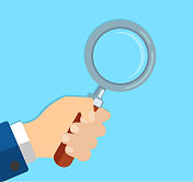 手里拿着放大镜。搜索、检测和分析的概念。新的矢量插图在蓝色背景上的平面设计。详细的平面风格。