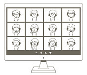 可爱的男孩和女孩戴着耳机在电脑屏幕上社交或在线学习 可爱的男孩和女孩戴着耳机在电脑屏幕上社交或在线学习