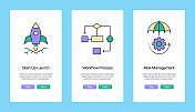 现代商业概念入职移动应用程序页面屏幕与平面图标。UI设计模板矢量插图