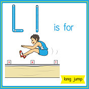 矢量插图学习字母为儿童与卡通形象。字母L代表跳远。