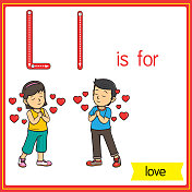 矢量插图学习字母为儿童与卡通形象。字母L代表“爱”。