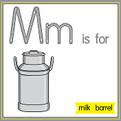 矢量插图学习字母为儿童与卡通形象。字母M代表牛奶桶。