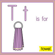 矢量插图学习字母为儿童与卡通形象。字母T代表毛巾。