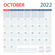 2022年十月日历规划器矢量模板。一周从周日开始