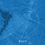 韦科TX城市矢量道路地图蓝色文本